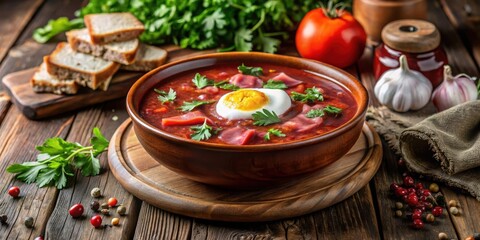 Aromatic Beetroot Soup with Egg and Fresh Herbs, Served in a Rustic Wooden Bowl with Crusty Bread