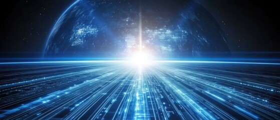 Obraz premium Futuristic Earth Digital Network Concept Horizon View of Planet with Data Stream in Blue Tones for Technology and Communication Designs