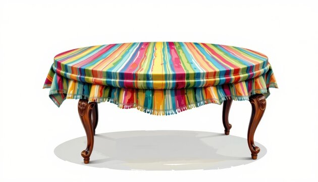 a round coffee table, its surface adorned with a vibrant striped tablecloth, stands ready as the central focal point in a whimsical, watercolor inspired illustration