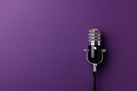classic retro-style microphone with cable mounted on a purple wall background in minimal composition