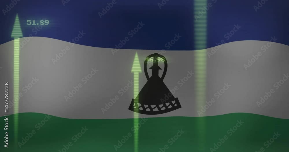 Poster flag motif showing three neon arrows pointing up with numeric data featuring basotho hat silhouette