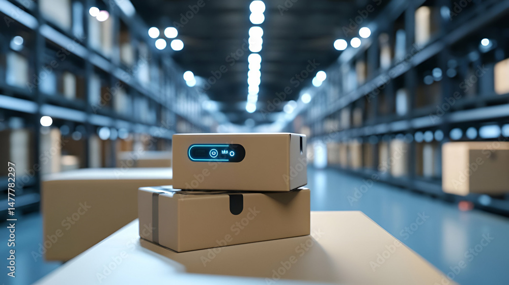 Poster automated warehouse with stacked cardboard boxes and a robot