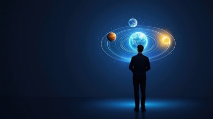 Obraz premium Human Figure Observing Cosmic Solar System with Planets and Stars in Dark Blue Background