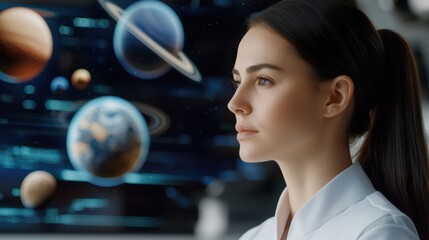 Naklejka premium Young woman contemplating the mysteries of space against a backdrop of planets and galaxies in a futuristic setting