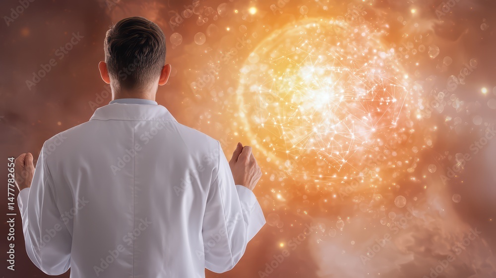 Poster scientist in lab coat contemplating cosmic phenomenon with glowing background and magical elements