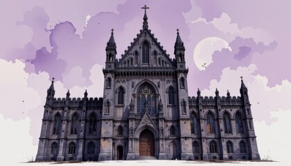Fototapeta premium a grand gothic structure, its dark stone facade adorned with intricate carvings, stands silhouetted against a sky of soft lavender, a testament to the timeless elegance of the dark academia aesthetic