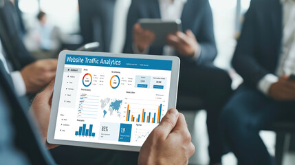 Fototapeta premium Computer software for website traffic analytics data on computer screen. Concept of SEO search engine optimization and customer targeting for online business brisk