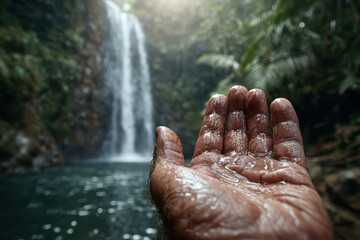 Fototapeta premium Close-up of a person is hand in an open palm gesture against a beautiful waterfall in a lush tropical forest on a sunny day in Ecuador