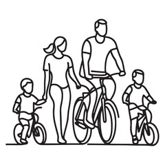 Family Silhouette on Bikes Line Art Illustration for Outdoor Activity