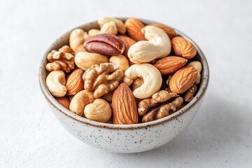 A small bowl of mixed nuts with cashews, walnuts, and almonds, isolated on a smooth white surface