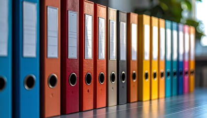 Colorful Office Files and Binders in a Row Organized Storage for Documents and Records