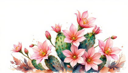 a watercolor clipart illustration showcases a cluster of vibrant cactus flowers against a pristine white backdrop