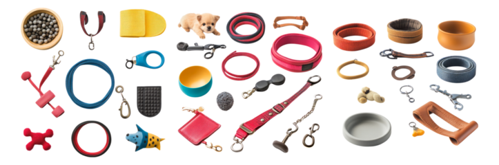 Assorted Pet Accessories Including Collars, Leashes, and Toys, Isolated on Transparent, white background