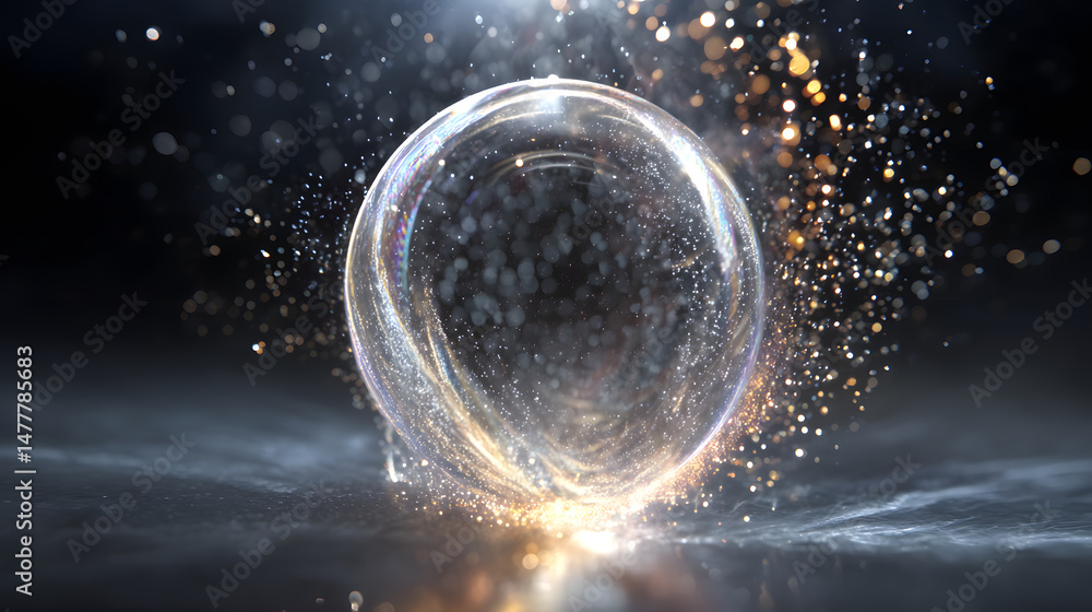 Poster cosmic bubble: a mesmerizing image of a transparent, iridescent sphere with an ethereal, dynamic par