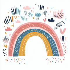 A cheerful illustration featuring a colorful rainbow with playful decorative elements on a white background.