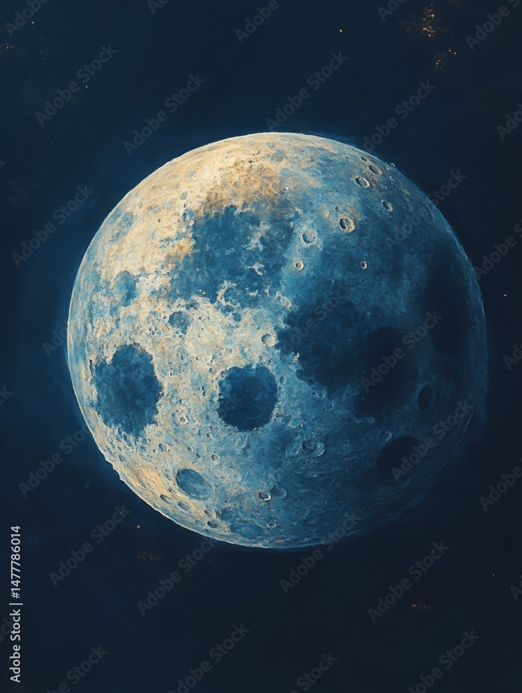 Poster full moon in deep space digital art style showing craters and texture against a dark blue background
