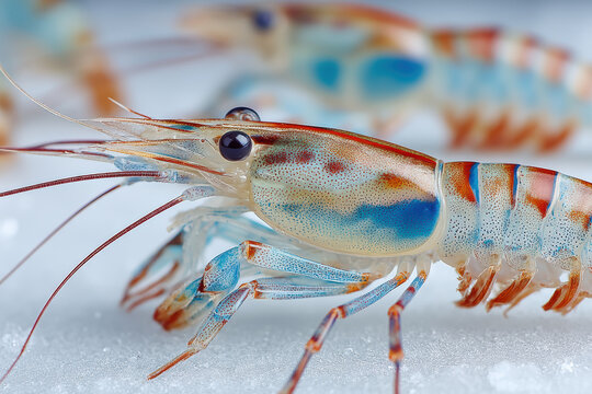Close-up of fresh Palaemon serratus prawns on a white surface, highlighting their translucent shells and delicate features