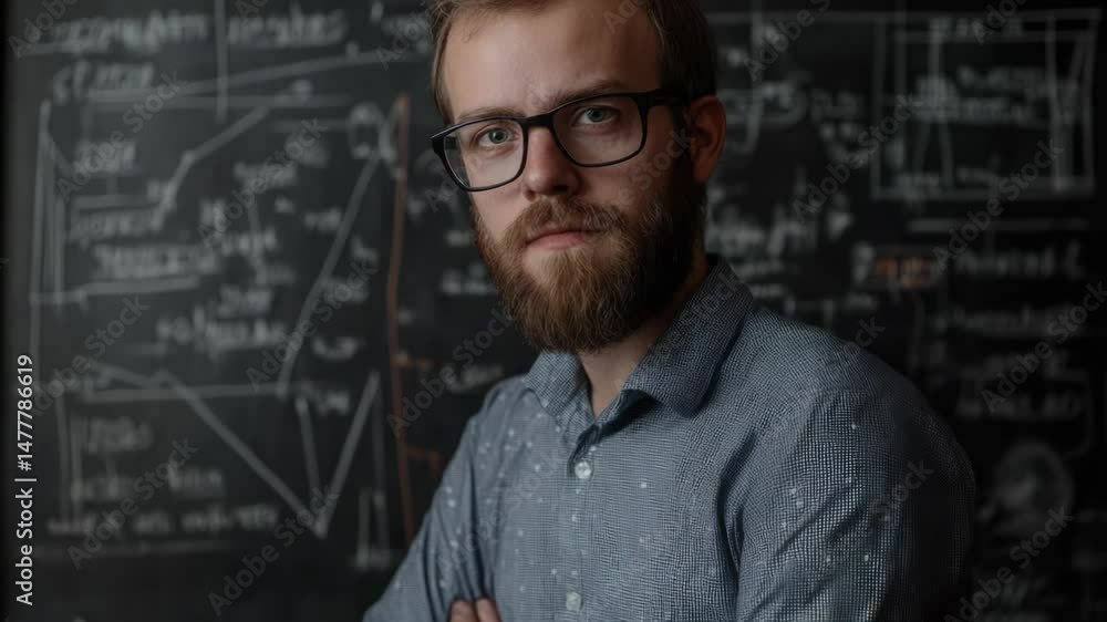 Poster a person wearing glasses stands in front of a blackboard, possibly preparing to teach or write