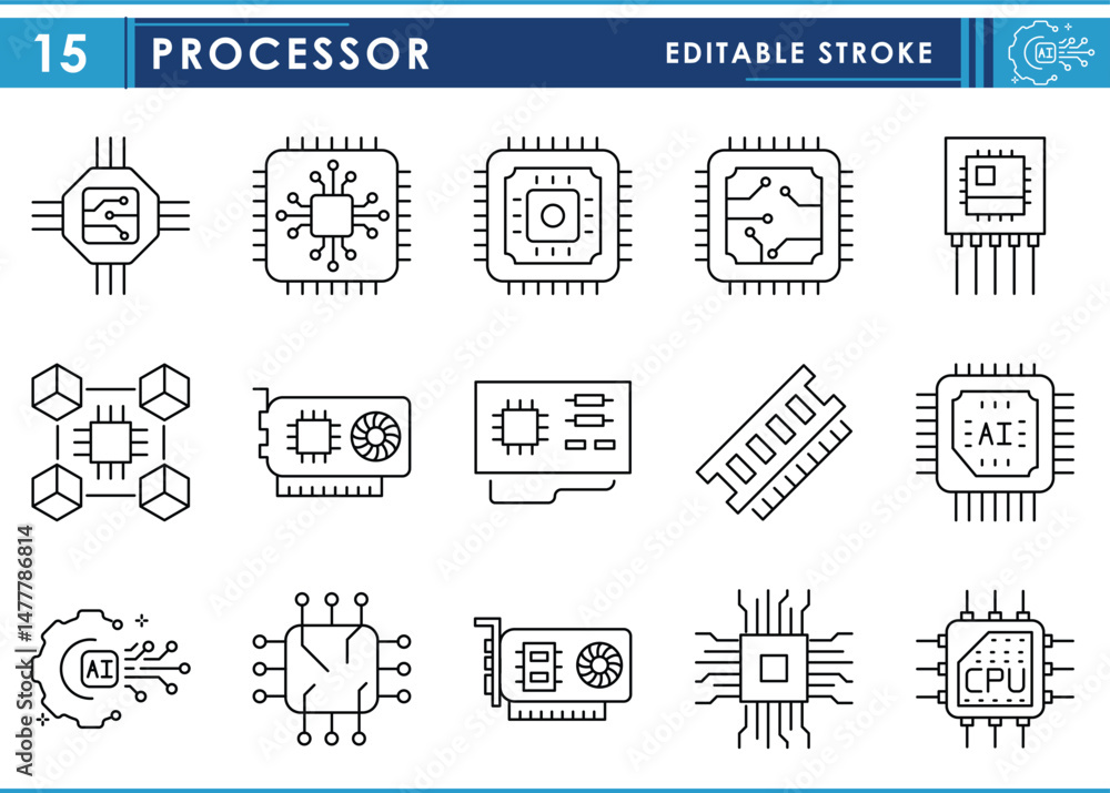 Poster a set of line icons related to processor. various types of processor chips and motherboards. vector 