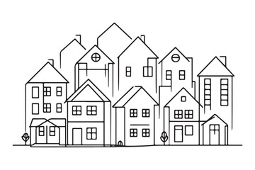 Simple neighborhood illustration of various houses in one line drawing