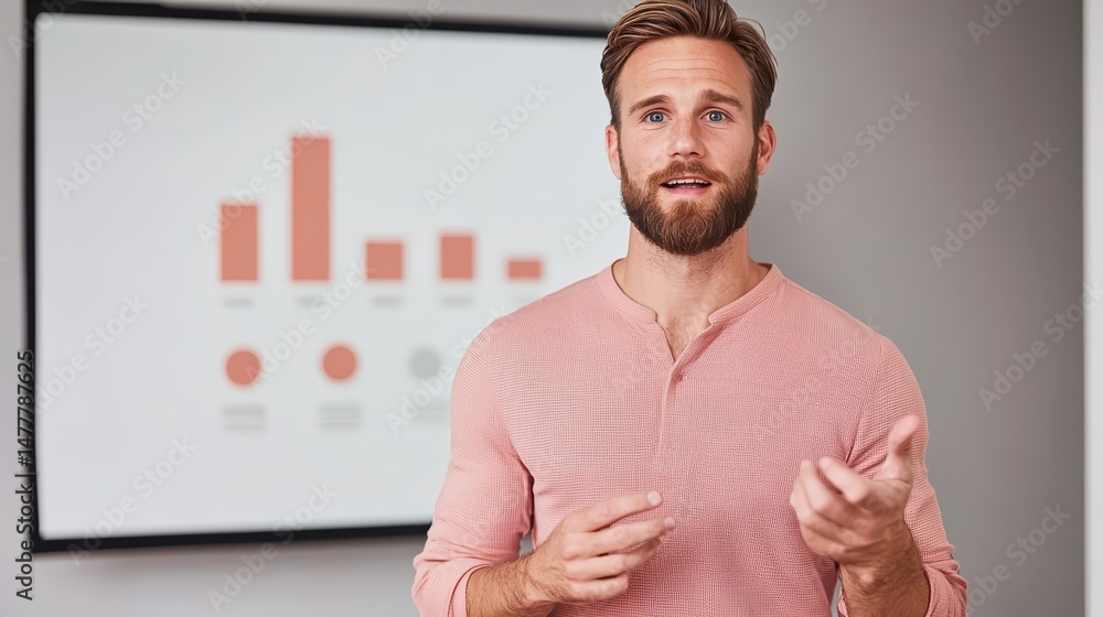 Poster confident businessman explaining data insights in front of chart presentation in modern office setti