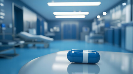 Blue Capsule on a White Table in a Modern Hospital Corridor