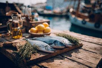 Three freshly caught fish lay on a rustic wooden table by the water. Lemons and a bottle of olive oil are nearby, creating a lively market atmosphere on a sunny day
