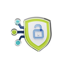 3D Shield Icon with Unlocked Padlock and Circuit Lines - Cybersecurity and Data Access PNG