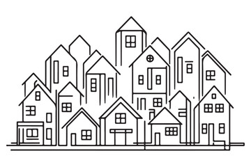 Detailed Illustration of a Suburban Neighborhood Skyline Silhouette Design