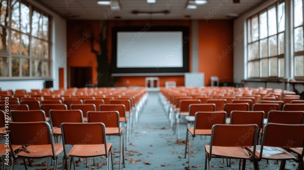 Poster empty auditorium with rows of chairs facing screen ready for a presentation