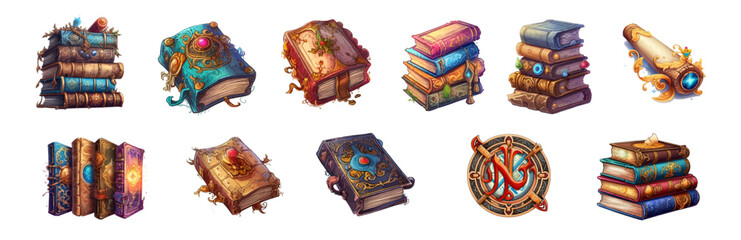 Collection of detailed fantasy books and scrolls with ornate covers, gems, and mystical designs. Ideal for games and storytelling art. vector set