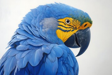 A vibrant blue macaw with bright yellow feathers, perched gracefully against a clean white background