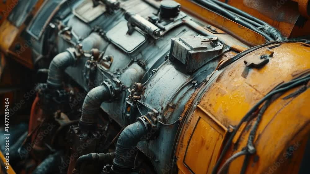 Poster close-up shot of a train engine's details, suitable for use in transportation or industry context
