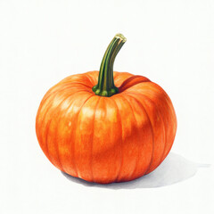 Fototapeta premium A beautiful watercolor painting of an orange pumpkin with a vibrant green stem and shadow.