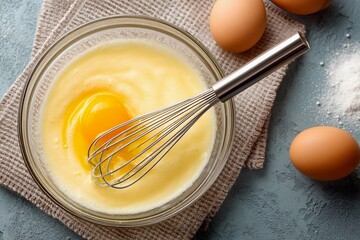Fresh eggs are cracked and mixed in a glass bowl using a whisk, while eggs rest on a textured surface nearby, creating a homey cooking atmosphere