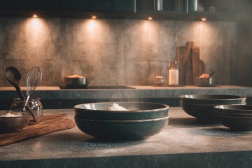 Kitchen counter showcases bowls filled with flour and utensils arranged for baking. Soft morning light highlights the textured surfaces and creates a warm atmosphere