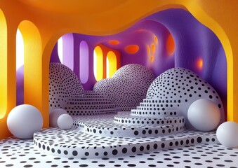 Vibrant, abstract interior design with polka dots.