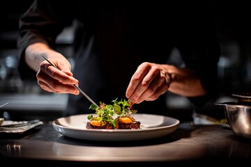 In a chic kitchen, a focused chef delicately garnishes a plated dish with fresh herbs and...