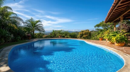 Swimming Pool at Tropical Villa Resort in Costa Rica on Sunny Day Landscape View