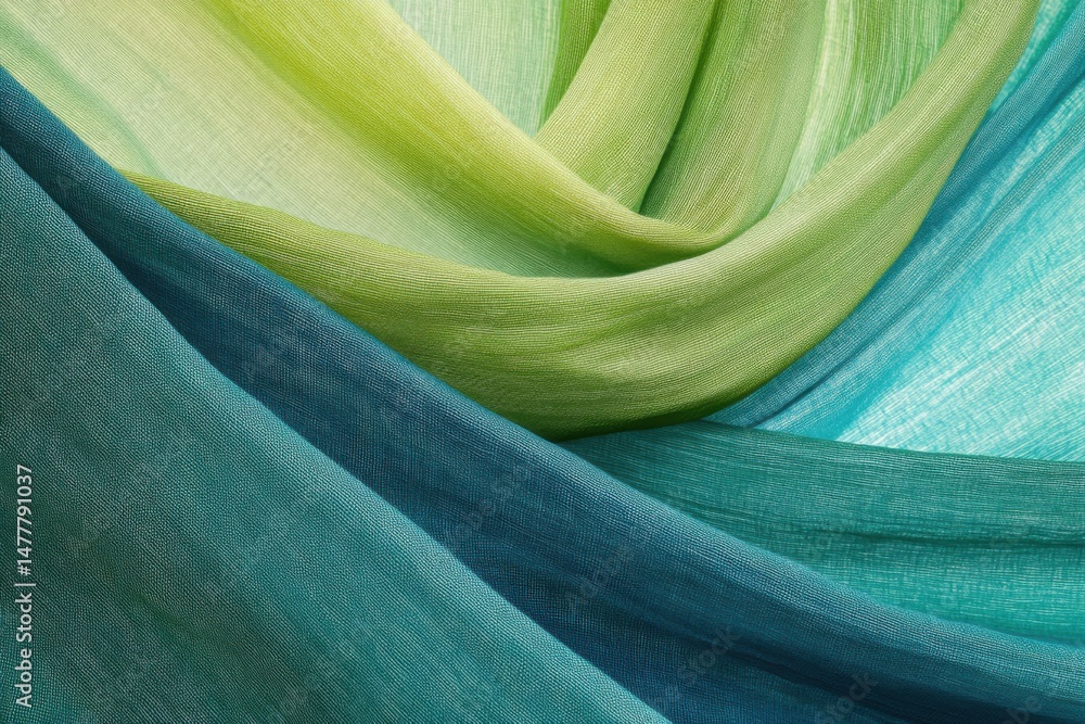 Poster abstract close-up of flowing colorful fabric in shades of green teal and blue in studio setting with
