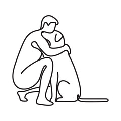 Simple line art illustration of a man hugging his dog
