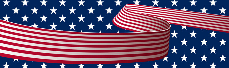 Curved red and white ribbon over blue starry background, symbolizing American patriotism.