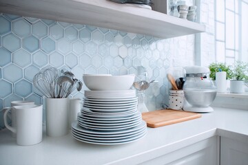 In a modern kitchen, a stack of white plates and bowls sits on a clean, bright countertop near utensils and a food processor. Sunlight filters through the window, enhancing the cheerful atmosphere