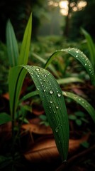 Peaceful morning dewdrops on green leaves in forest