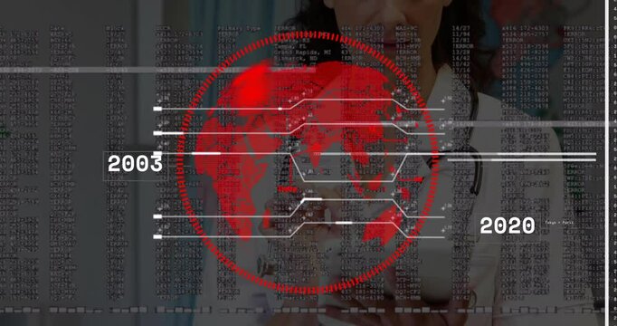 female doctor tapping transparent medical touchscreen in clinic, displaying red world map overlay