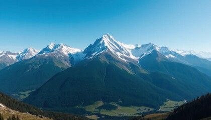 Fototapeta premium Striking alpine landscape featuring snow-capped peaks and lush green valleys under a serene blue sky