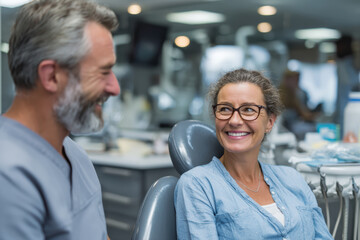 Modern dental treatment setting with a young dentist providing advice to a patient in a dental chair, calm and informative scene