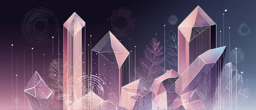 Abstract gemstone arrangement with foliage accentuation and cosmic details