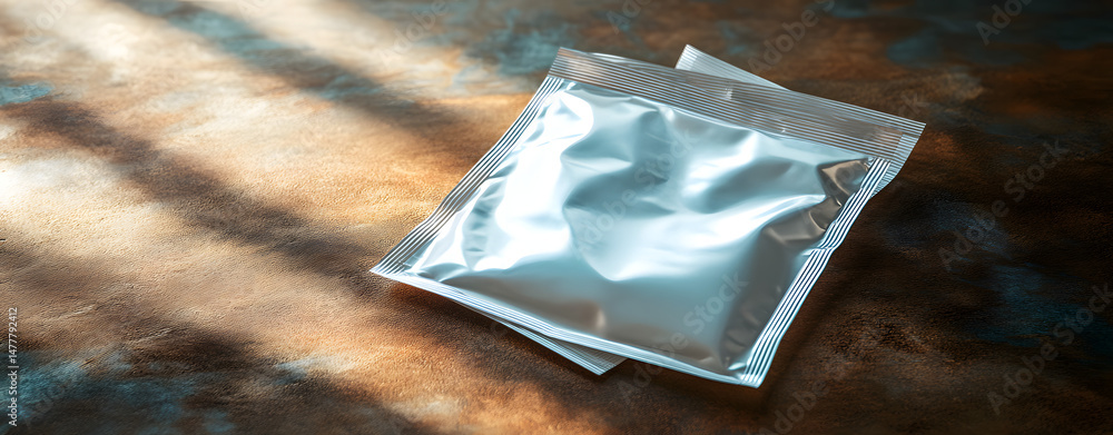 Poster shiny foil pouches: two sleek, silver foil pouches rest on a textured surface. capturing the play of