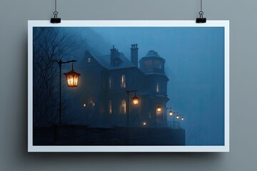 A realistic photograph of a Victorian haunted house at dusk with flickering lanterns and creeping mist, ghostly silhouettes in the windows, moody lighting